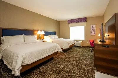 a hotel room with two beds and a window at Hampton Inn & Suites Aurora South, Co in Aurora