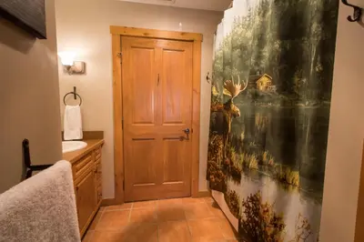a bathroom with a wooden door and a painting on the wall at Expedition Station by Summit County Mountain Retreats in Keystone