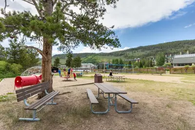 a park with a picnic table and a playground at Lakeshore by Summit County Mountain Retreats in Keystone