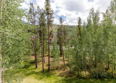 an aerial view of a house in the woods at Red Hawk Townhomes by Summit County Mountain Retreats in Keystone