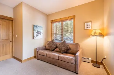 a living room with a brown couch and a window at Ski Tip by Summit County Mountain Retreats in Keystone