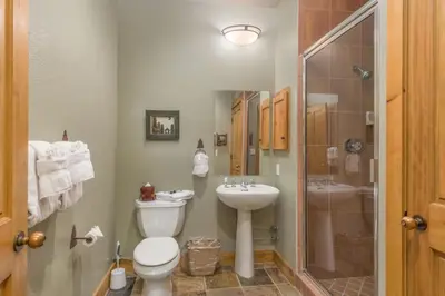 a bathroom with a toilet and a sink and a shower at Ski Tip by Summit County Mountain Retreats in Keystone