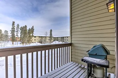 a bench on a balcony with snow on the ground at 8 Mi to Copper Mtn Sleek Frisco Townhome with Views in Frisco