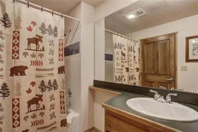 a bathroom with a sink and a shower curtain at 2 Bedroom Blackbear Lodge Condo In River Run Village in Keystone