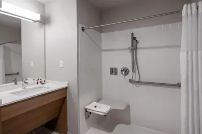 a bathroom with a sink and a toilet and a shower at Microtel Inn & Suites by Wyndham Georgetown Lake in Georgetown