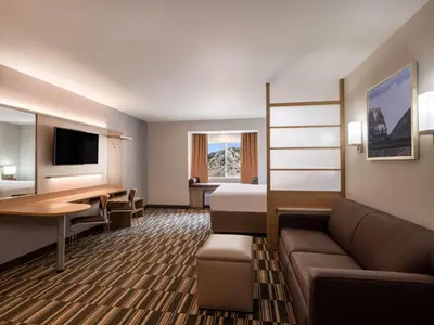 a hotel room with a couch and a bed and a desk at Microtel Inn & Suites by Wyndham Georgetown Lake in Georgetown