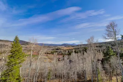 a field with trees and mountains in the background at Good Elevations on Two Cabins Drive home in Silverthorne