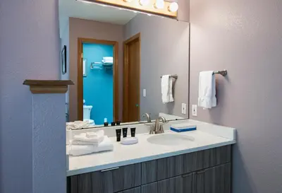 a bathroom with a sink and a large mirror at Blue Granite Off Main Townhome: Updated, Great Location in Frisco