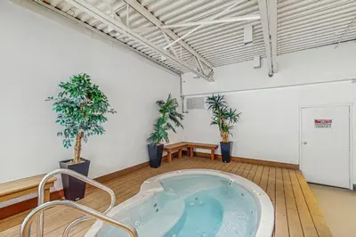 a hot tub in a room with two potted plants at Snowblaze Condominiums C14 in Winter Park