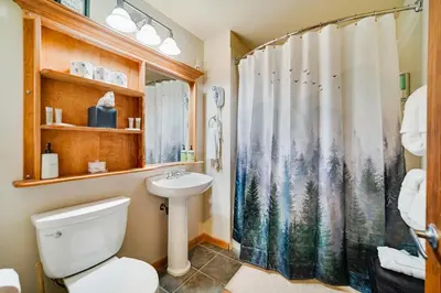 a bathroom with a toilet and a shower curtain at Zephyr Mountain Ski-In Ski-Out Condo in Winter Park