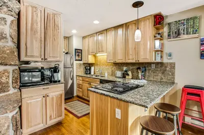 a kitchen with wooden cabinets and a counter top at Winter Park Place 14 in Winter Park