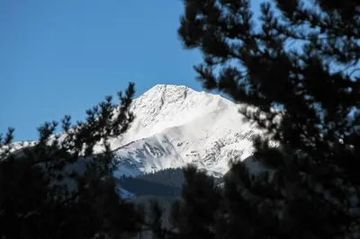 a snow covered mountain with trees in the foreground at MeadowRidge 13-04 in Fraser