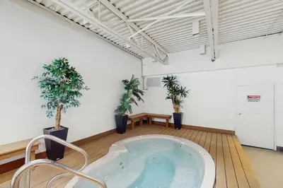 a hot tub in a room with two potted plants at Snowblaze Condominiums E103 in Winter Park