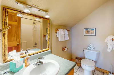 a bathroom with a sink and a toilet and a mirror at Sunset Chalet in Tabernash