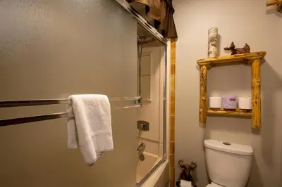 a bathroom with a toilet and a shower with a mirror at Snowblaze Condos Building C unit 24 in Winter Park