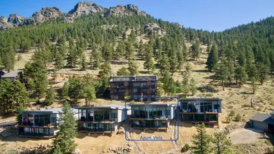 an aerial view of a resort in the mountains at Azure Vista Vacation Home at Windcliff home in Estes Park