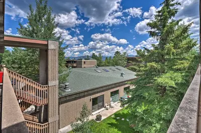 an aerial view of a house with a roof at Frisco Condo 2 Blocks to Main St Year-Round Fun! in Frisco
