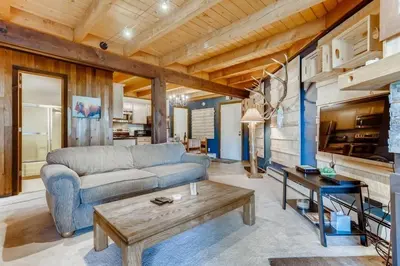 a living room with a couch and a table at F201 Treehouse condo in Silverthorne
