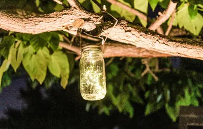 a glass jar with lights in it hanging from a tree at Family-Friendly Retreat 30-Night Minimal in Denver