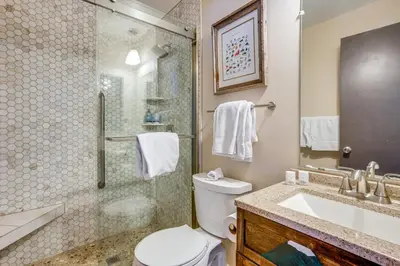 a bathroom with a shower and a toilet and a sink at 7 Mi to Ski Resort Dillon Condo with Mtn Views in Dillon