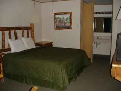 a bedroom with a green bed and a television at Georgetown Mountain Inn in Georgetown