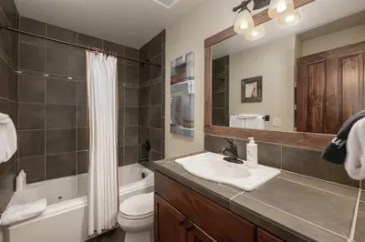 a bathroom with a sink and a toilet and a mirror at Cozens Pointe B-301 condo in Fraser