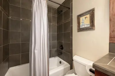 a bathroom with a white toilet and a shower at Cozens Pointe B-301 condo in Fraser