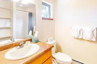 a bathroom with a sink and a toilet and a mirror at WinterStar E-2 in Fraser