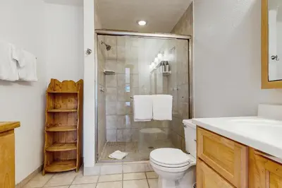 a bathroom with a shower and a toilet and a sink at The Cove Retreat in Dillon