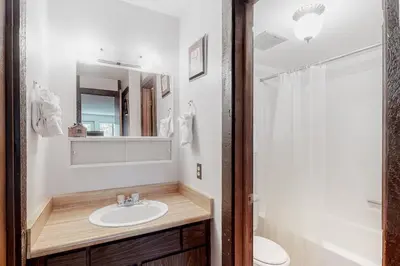 a bathroom with a sink and a toilet and a mirror at Wildernest Getaway in Silverthorne