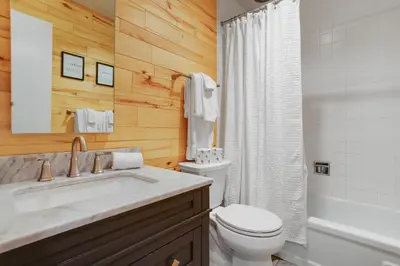 a bathroom with a toilet and a sink and a shower at Mountain Views & Meadows in Silverthorne