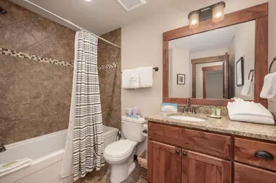 a bathroom with a toilet and a sink and a mirror at Cozens Pointe Building I Unit I201 by Stay Winter Park in Fraser