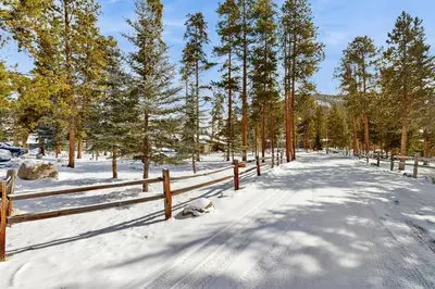 a snow covered path with trees and a fence at The Pines Condo Unit 2044 in Keystone