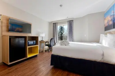 a hotel room with a large bed and a flat screen tv at Days Inn by Wyndham Thornton in Thornton