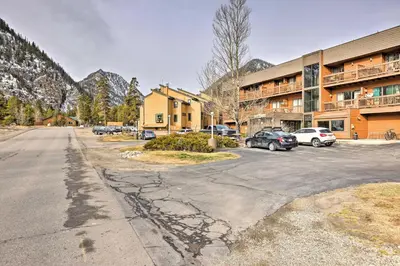 an empty parking lot in front of a hotel at Walk to Main St Frisco! Modern Unit 7 Mi to Slopes in Frisco