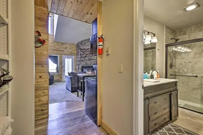 a large bathroom with a sink and a shower at 2 Mi to Skiing Studio with Pool Access in Granby! in Granby