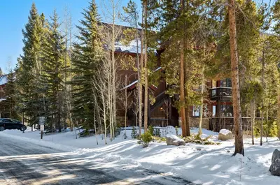 a house in the woods in the snow at 8758 Trappers Crossing condo in Dillon