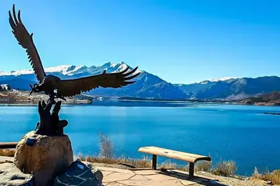 a statue of an eagle sitting next to a bench at Buffalo Woods 216 - Wildernest in Silverthorne