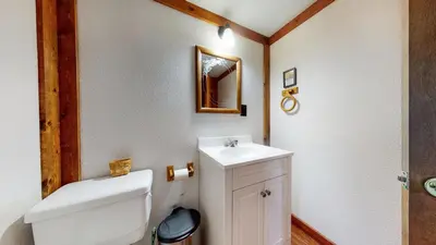 a bathroom with a white toilet and a sink at Marr's Mountain Cabins in Red Feather Lakes