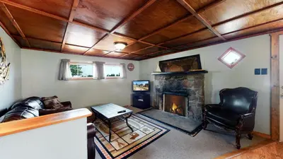 a living room with a couch and a fireplace at Marr's Mountain Cabins in Red Feather Lakes
