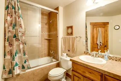a bathroom with a toilet and a sink and a shower at Central Fraser Condo 8 Mi to Winter Park Ski! in Fraser