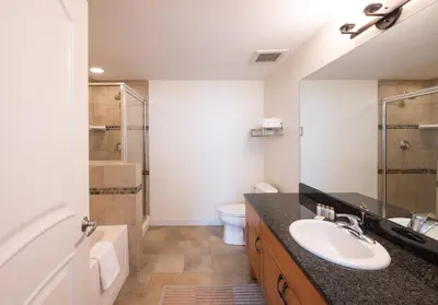 a bathroom with a sink and a shower and a toilet at Winter Park FF Premium Rated Condo 4340 in Winter Park