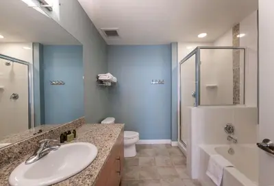 a bathroom with a sink and a shower and a toilet at Excellent townhome style condo - Close to the Gondola - Fraser Crossing Founder Pointe condo in Winter Park