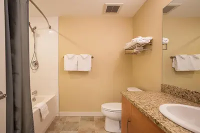 a bathroom with a toilet and a sink and a tub at Simple and Comfortable Fraser Crossing Founders Pointe Condo Facing Ski Resort condo in Winter Park