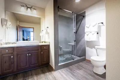 a bathroom with a shower and a toilet and a sink at Cozy Lower Hughes View 2 BR Zephyr Mountain Lodge Condo with Ski Storage condo in Winter Park