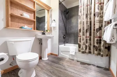 a bathroom with a toilet and a sink and a shower at Cozy Lower Hughes View 2 BR Zephyr Mountain Lodge Condo with Ski Storage condo in Winter Park
