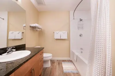 a bathroom with a sink and a toilet and a shower at Beautiful Ski-In Ski-Out Condo at Fraser Crossing Founders Pointe condo in Winter Park