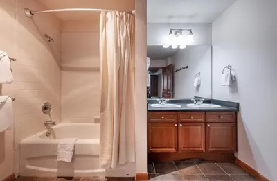 a bathroom with a tub and a sink and a shower at Lovely Zephyr Mountain Lodge Condo with Cozy Alcove - Close to Mountain condo in Winter Park