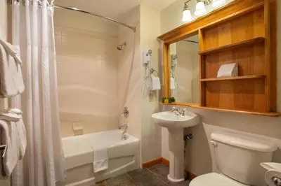 a bathroom with a white toilet and a sink and a bath tub at Remodeled Zephyr Mountain Lodge condo with upgraded furnishings and Slope Side View condo in Winter Park