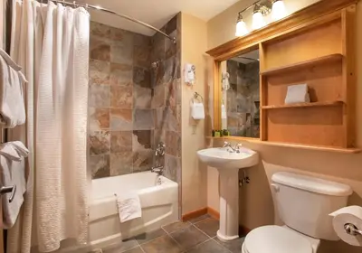 a bathroom with a toilet and a tub and a sink at Zephyr Mountain Lodge Value-Rated 2202 in Winter Park